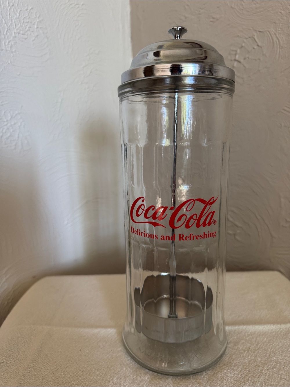 Coca Cola Clear Glass Straw Dispenser with Red Logo